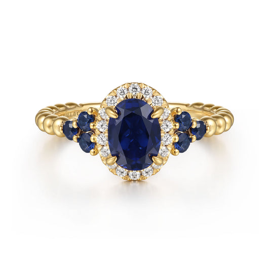 14K Yellow Gold Oval Sapphire & Diamond Halo Bujukan Style Ring