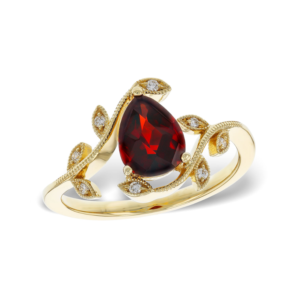 14K Pear Shaped Garnet & Diamond Milgrain Leaf Pattern Rin