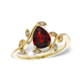 14K Pear Shaped Garnet & Diamond Milgrain Leaf Pattern Rin