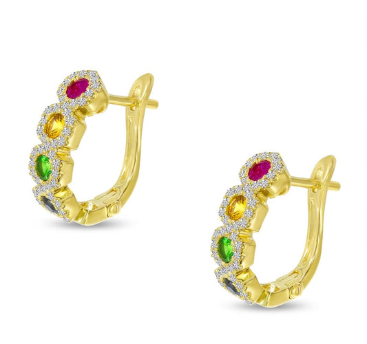 14K Yellow Gold Rainbow Sapphire Hexagon Earrings