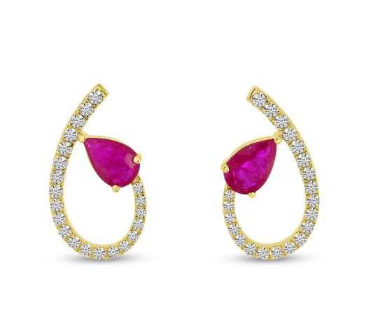 14K Ruby And Diamond Oval Swirl Stud Earrings
