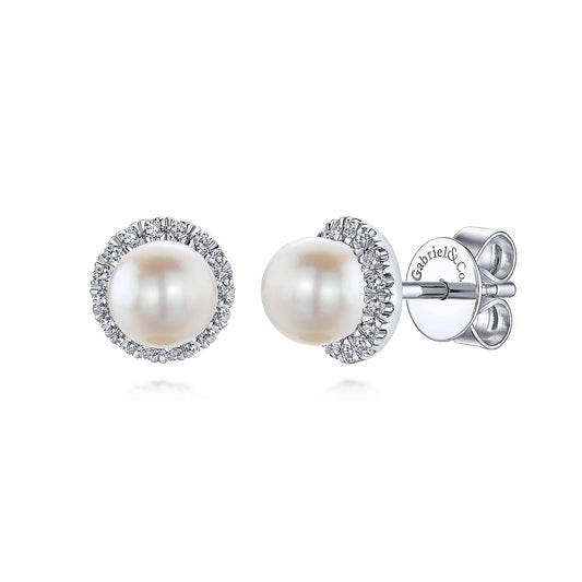 14K White Giold Pearl & Diamond Halo Earrings