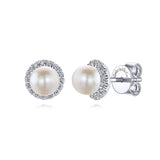 14K White Giold Pearl & Diamond Halo Earrings