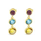 14K Yellow Gold Graduated Amethyst, Blue Topaz & Citrine Triple Bezel Semi Precious Dangle Earrings