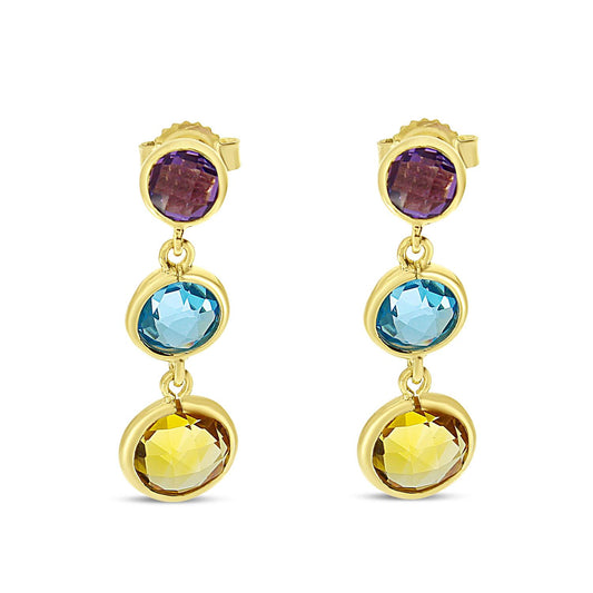 14K Yellow Gold Graduated Amethyst, Blue Topaz & Citrine Triple Bezel Semi Precious Dangle Earrings