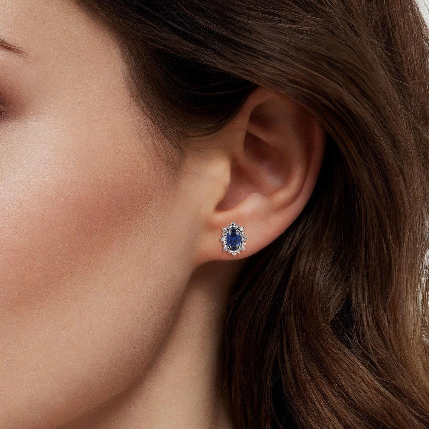 14K White Gold Oval Sapphire & Diamond Halo Classic Stud Earrings