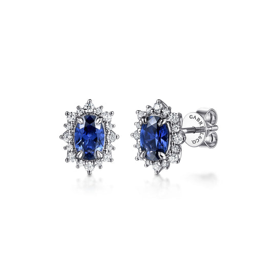 14K White Gold Oval Sapphire & Diamond Halo Classic Stud Earrings