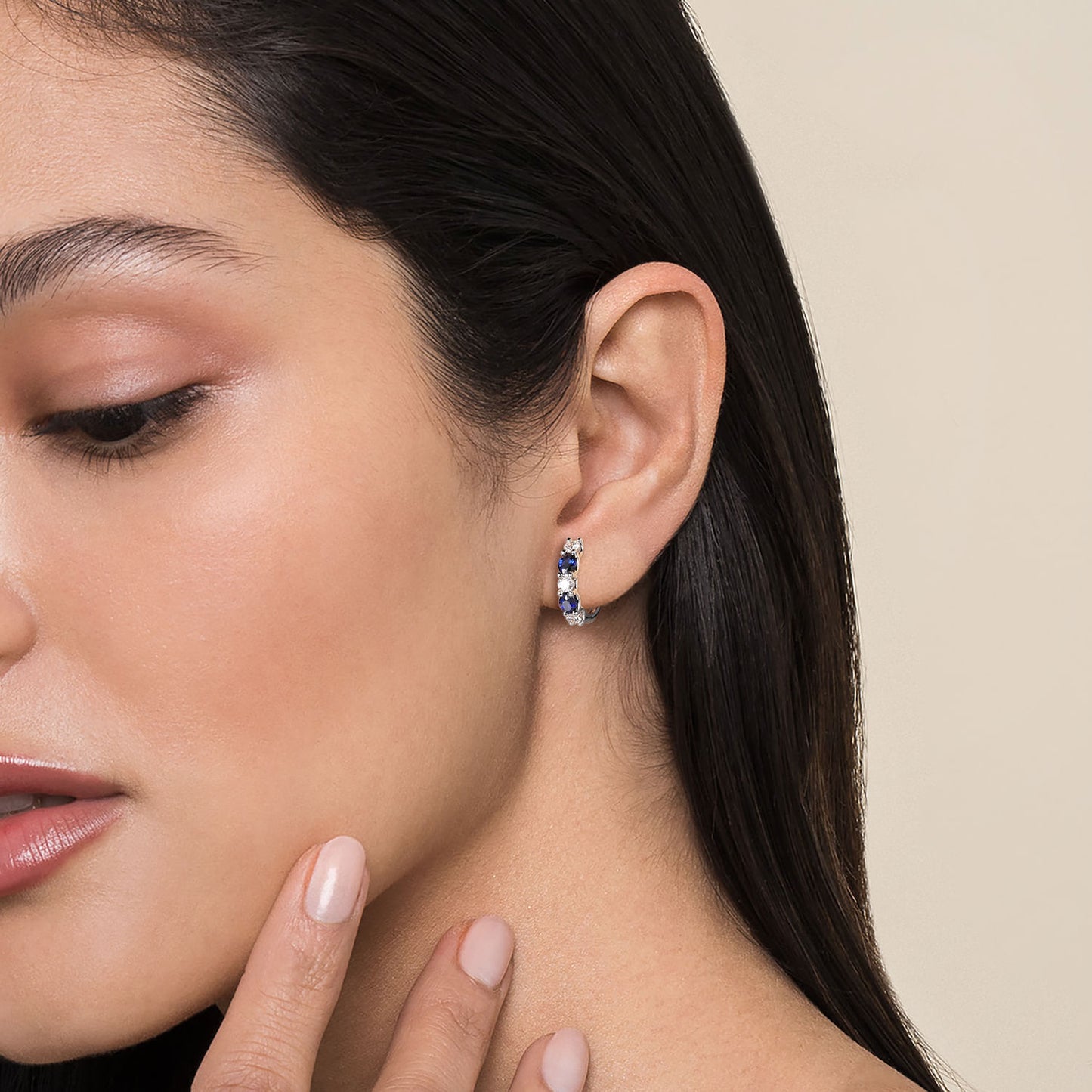 14K White Gold Oval Sapphire & Diamond Huggie Earrings