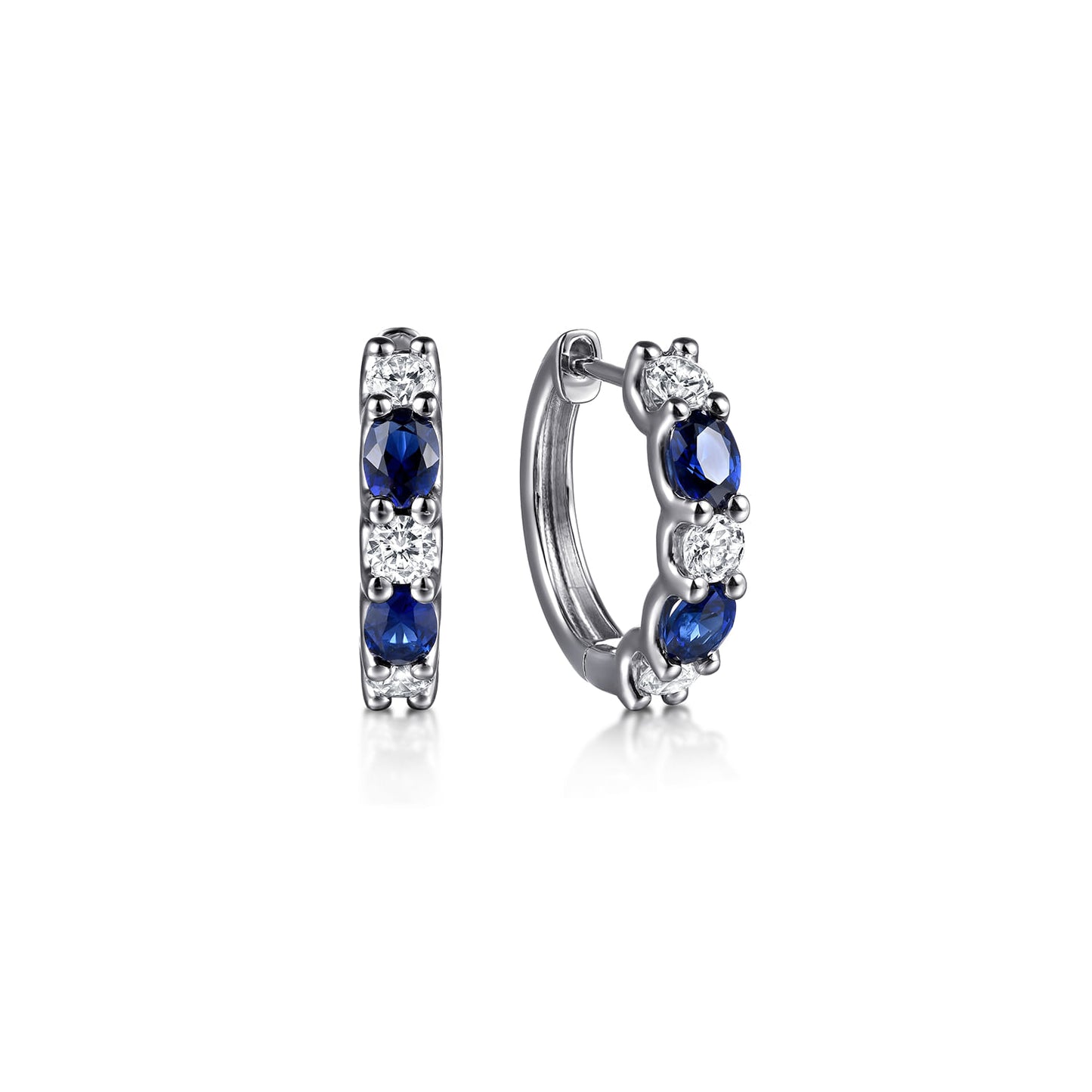 14K White Gold Oval Sapphire & Diamond Huggie Earrings