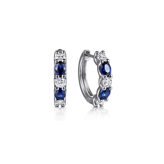 14K White Gold Oval Sapphire & Diamond Huggie Earrings