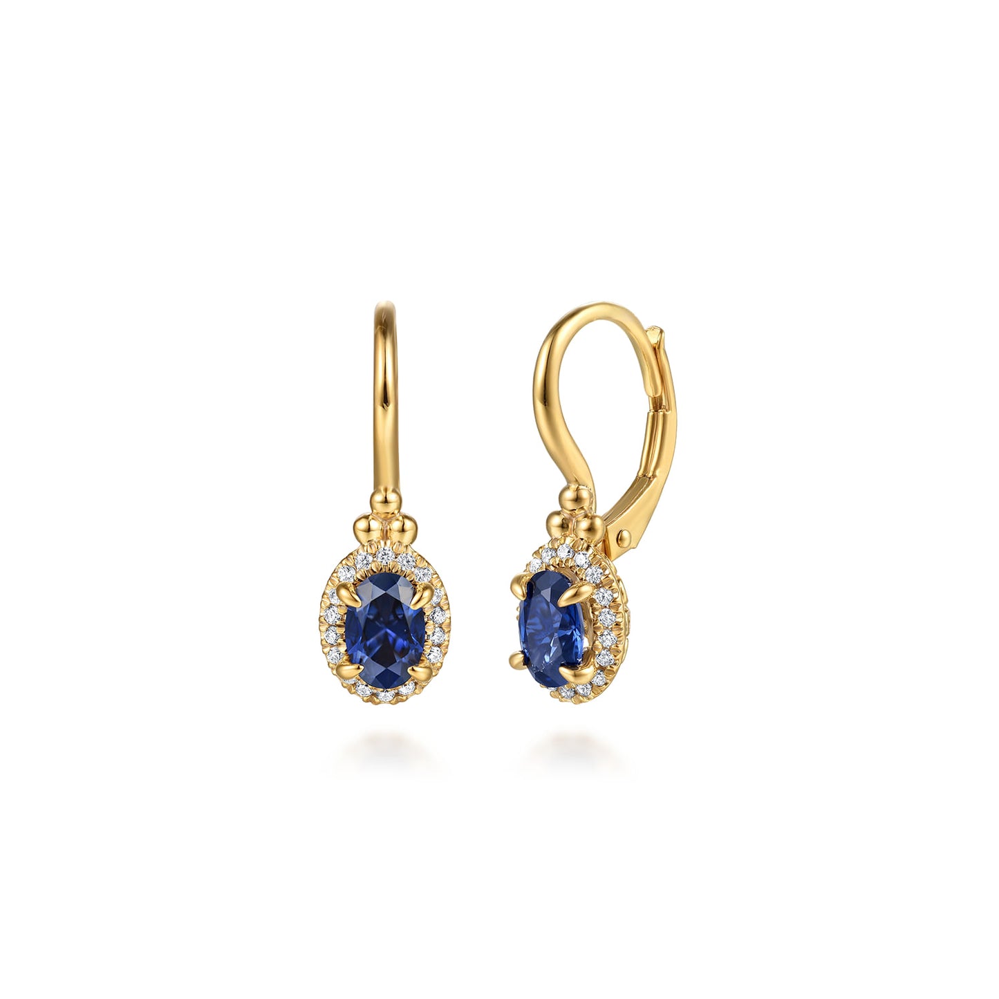 14K Yellow Gold Oval Sapphire & Diamond Halo Leverback Earrings
