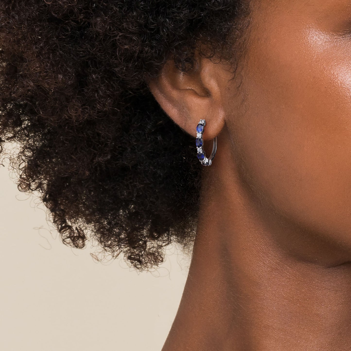 14K White Gold Shared Prong Oval Sapphire & Diamond Classic Hoop Earrings