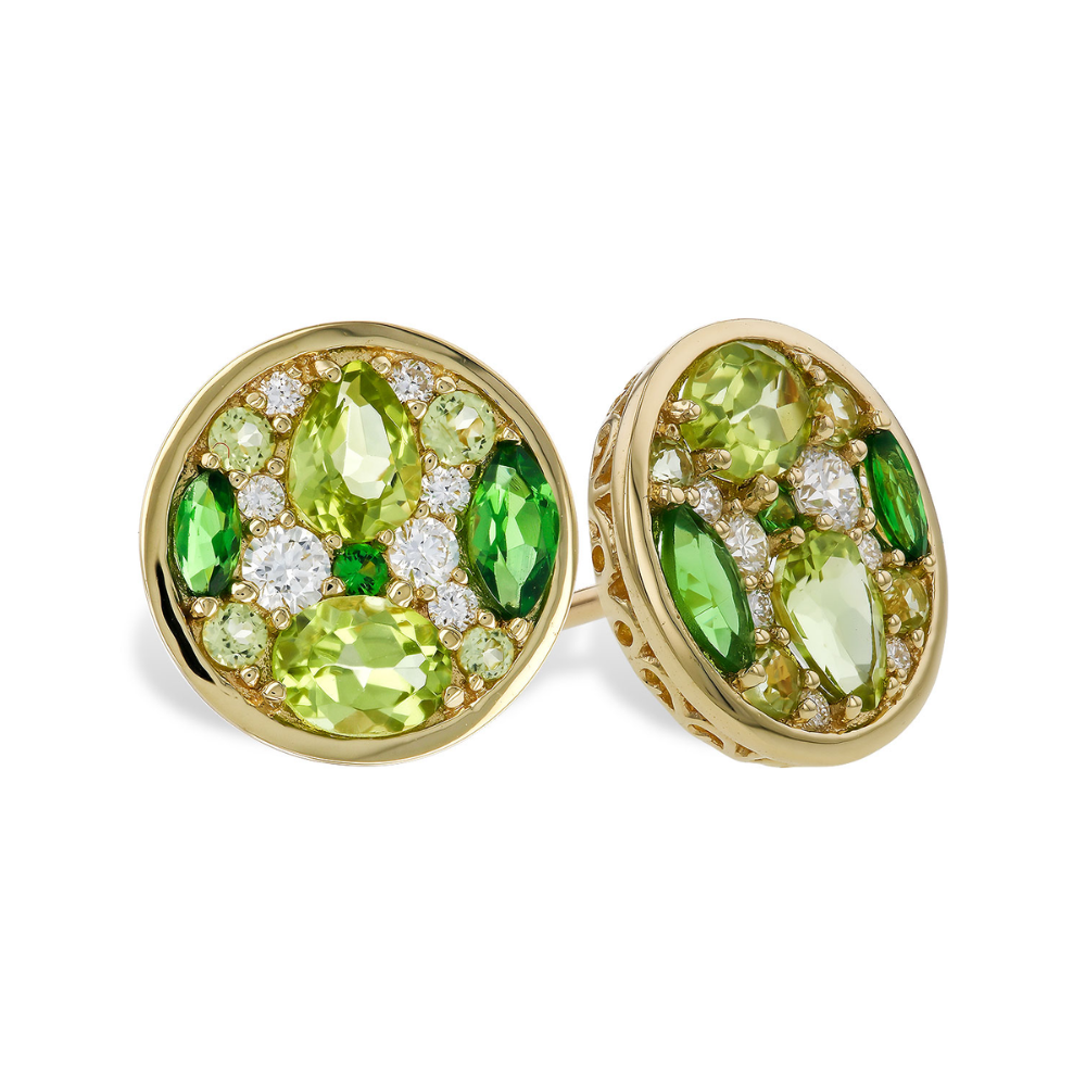 14K Peridot, Tsavorite Garnet & Diamond Cluster Stud Earrings