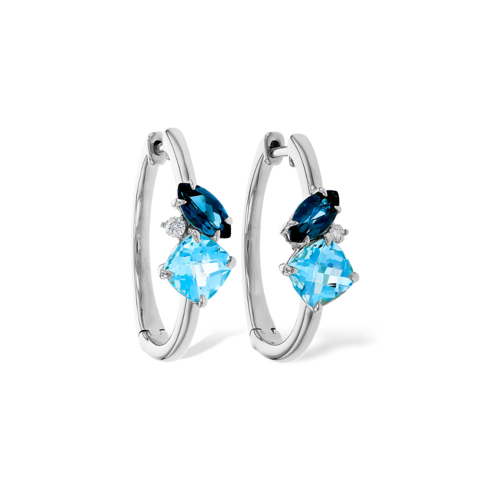 14K White Gold Blue Topaz & Diamond Hoop Earrings