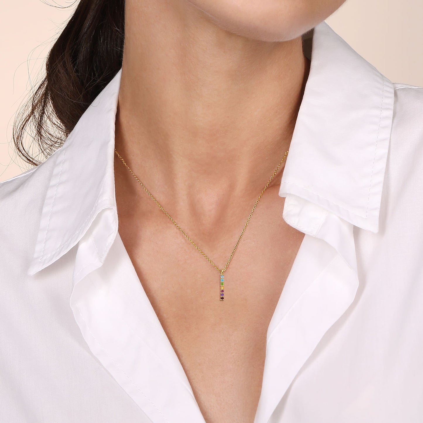 14K Yellow Gold Rainbow Color Bar Pendant Necklace