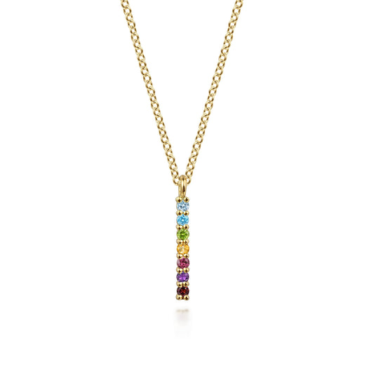 14K Yellow Gold Rainbow Color Bar Pendant Necklace