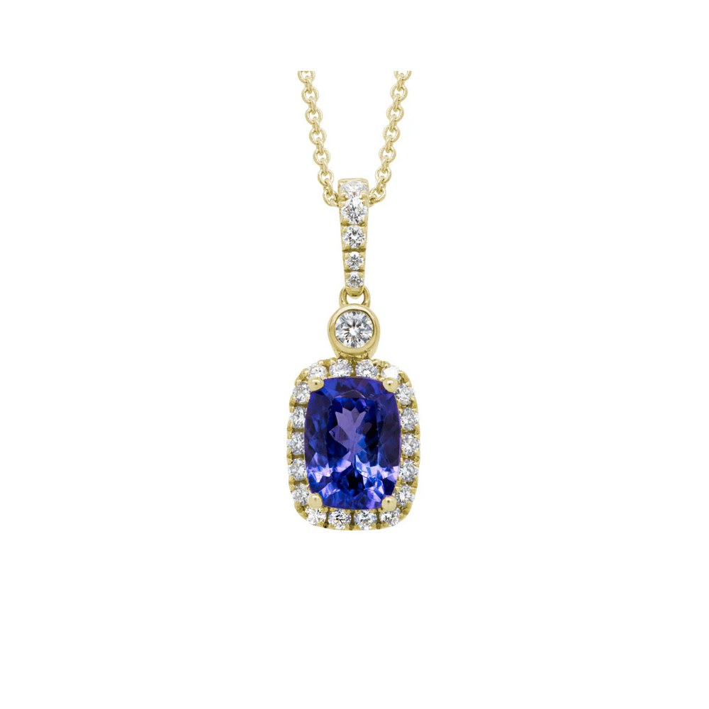 Cushion Shaped Tanzanite And Diamond Halo Pendant Necklace