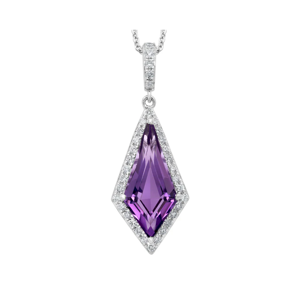 14K White Gold Amethyst with Diamonds Geo Shape Pendant