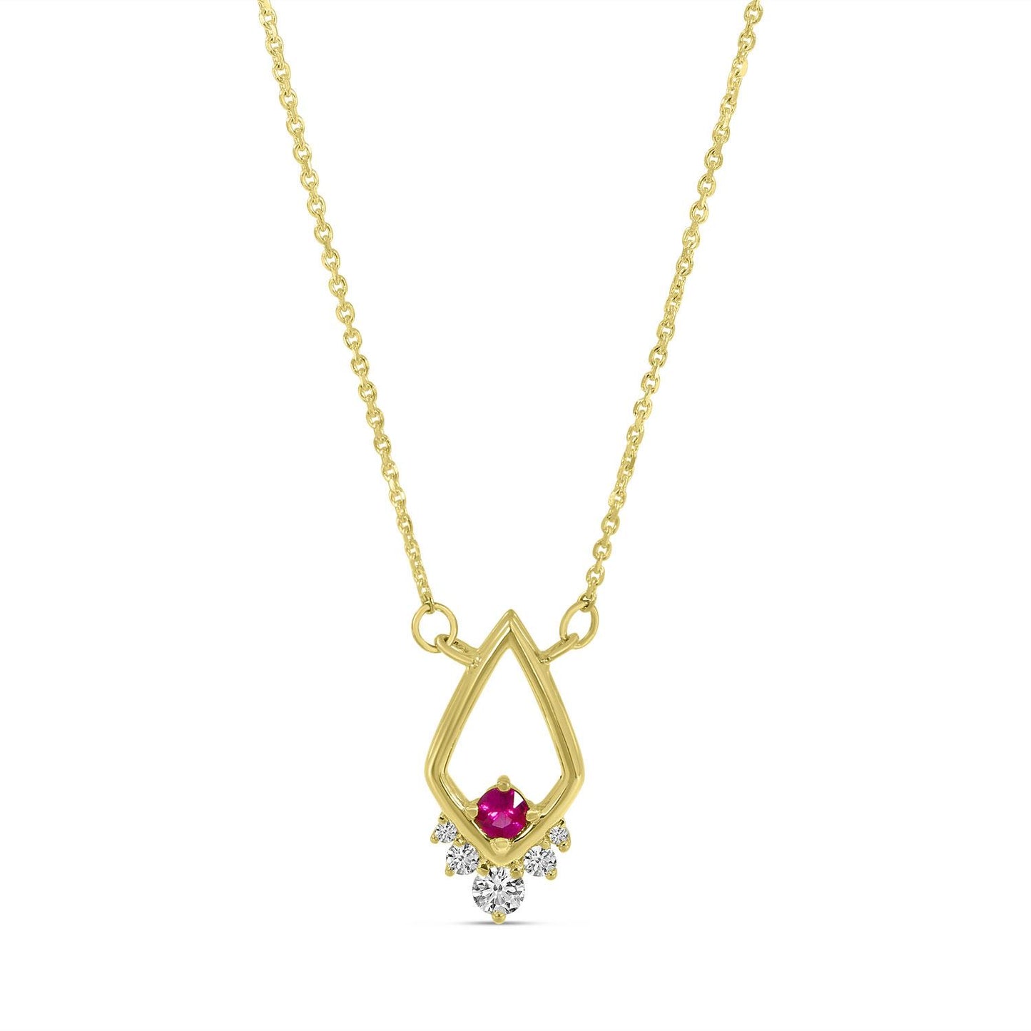 14K Yellow Gold Ruby & Diamond Triangle Pendant Necklace