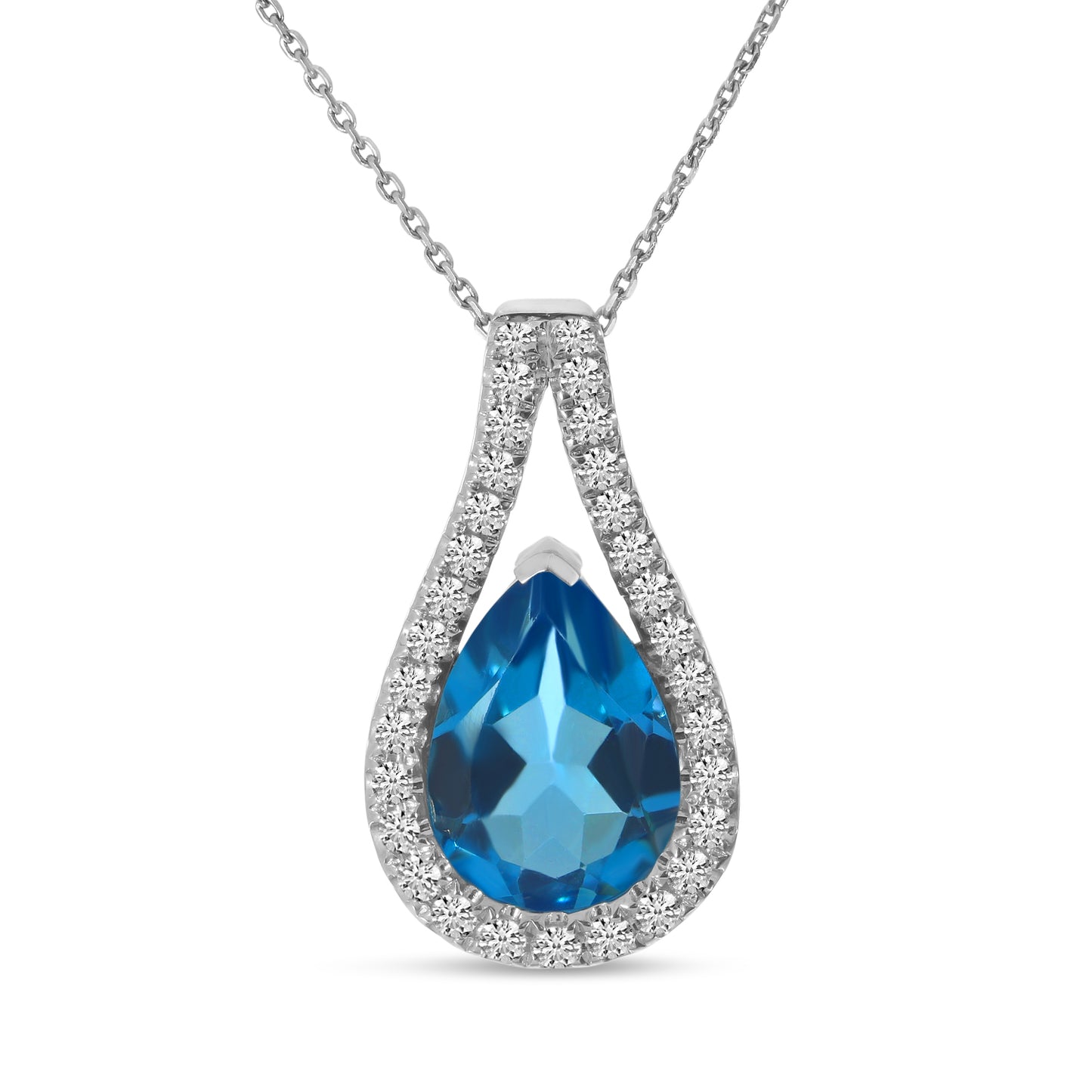 14K White Gold Pear Shape Blue Topaz & Diamond Pendant Necklace