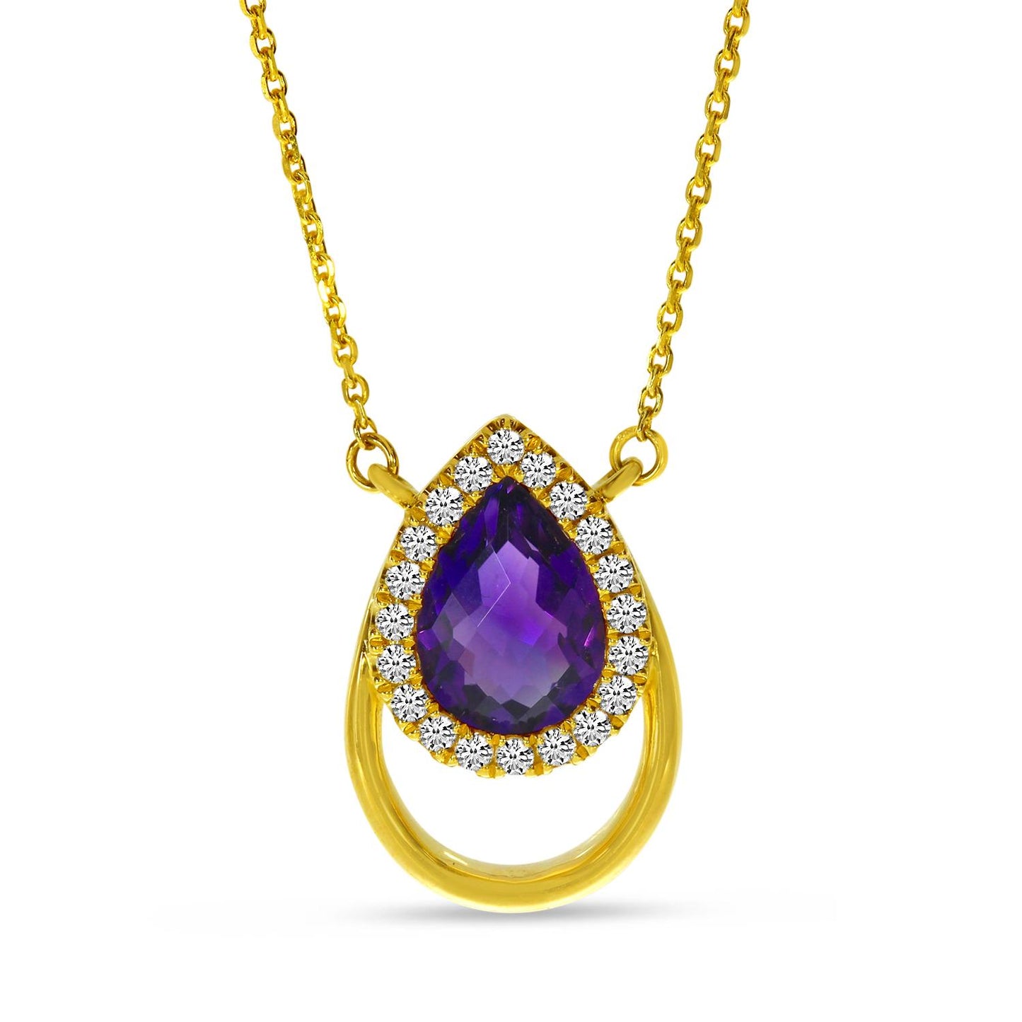 14K Yellow Gold Pear Shaped Amethyst & Diamond Pendant Necklace