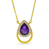 14K Yellow Gold Pear Shaped Amethyst & Diamond Pendant Necklace