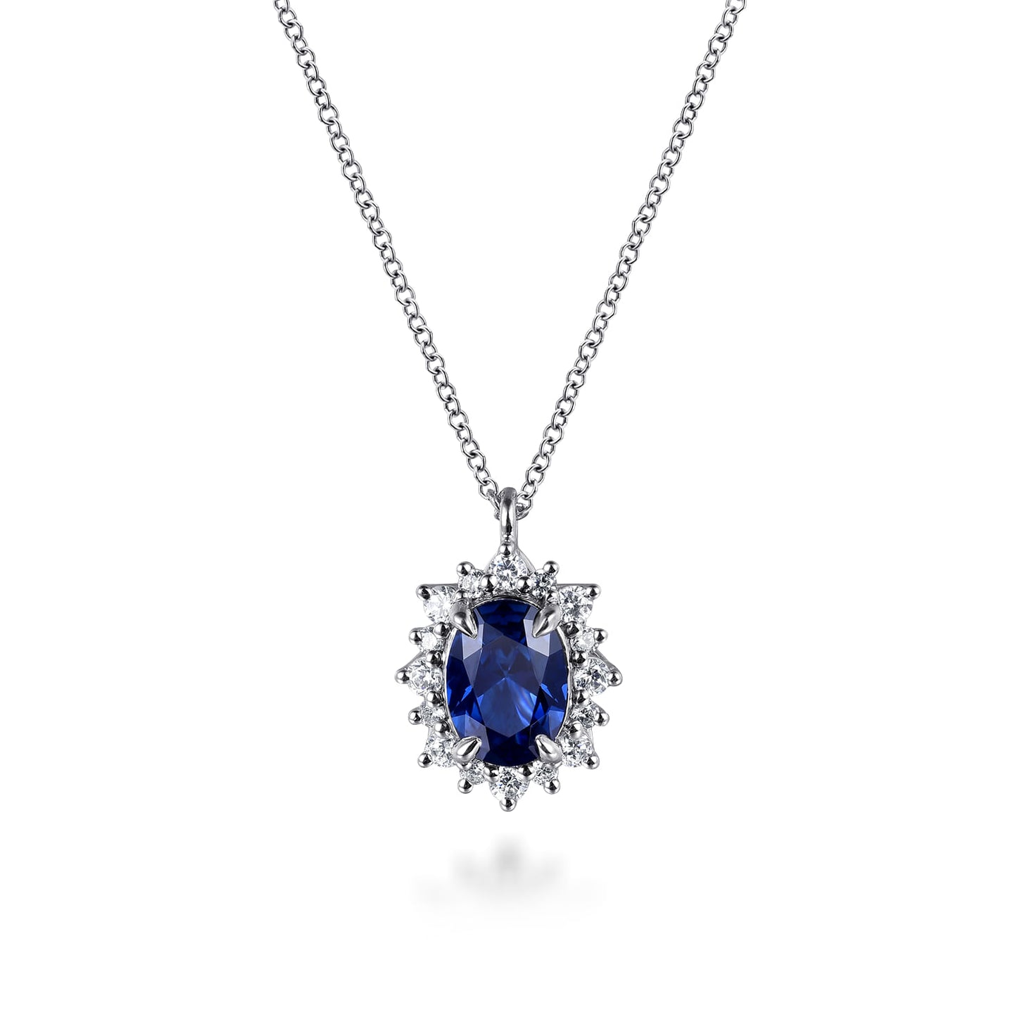 14K White Gold Oval Sapphire & Diamond Halo Pendant Necklace