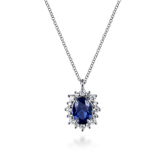 14K White Gold Oval Sapphire & Diamond Halo Pendant Necklace