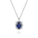 14K White Gold Oval Sapphire & Diamond Halo Pendant Necklace