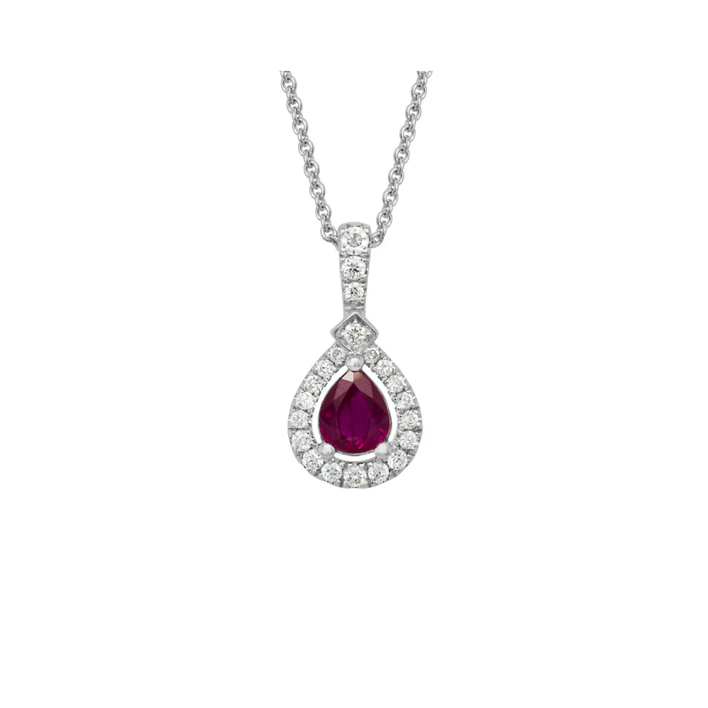 14K White Gold Pear Shape Ruby with Diamond Halo Pendant