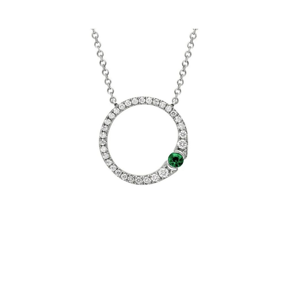 14K White Gold Open Diamond Circle with Emerald Pendant