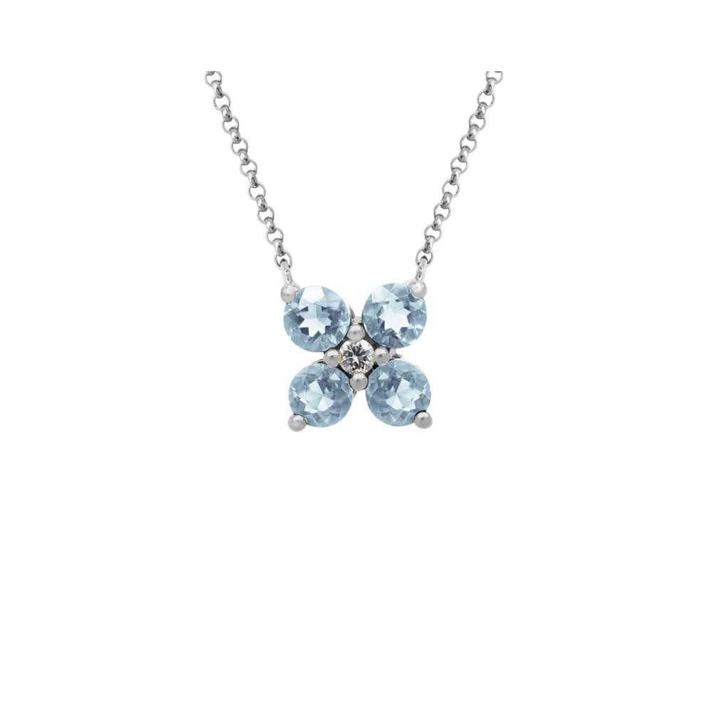 14K White Gold Aqua with Diamond Flower Pendant