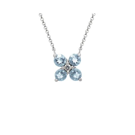 14K White Gold Aqua with Diamond Flower Pendant