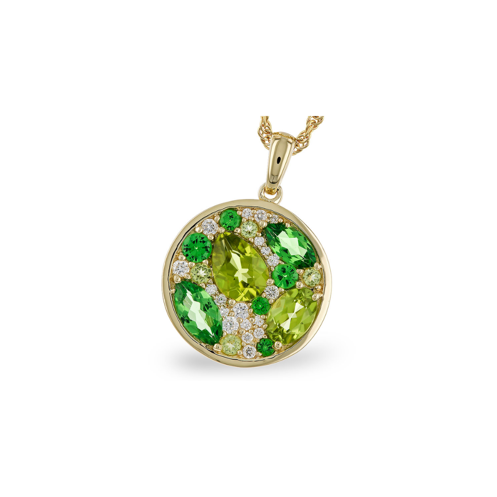 14K Peridot, Tsavorite Garnet & Diamond Cluster Pendant Necklace