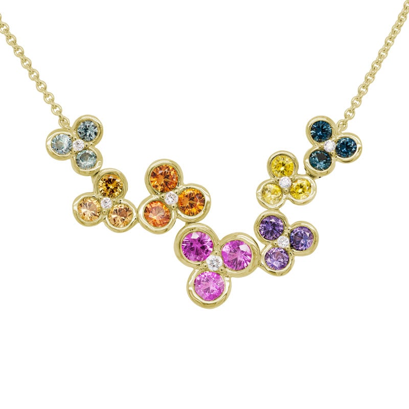 14K  Multi Color Sapphire & Diamond Flower Cluster Necklace