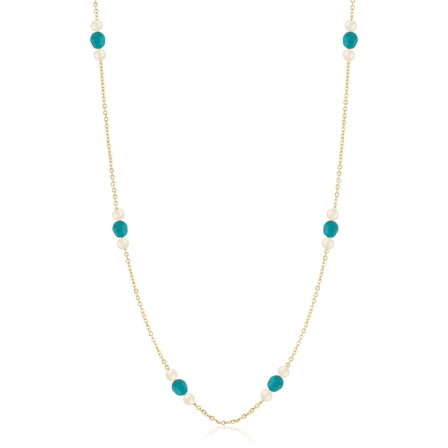 14K Freshwater Pearl with TurquoiseBead Station Necklace
