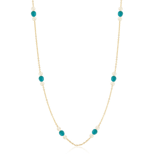 14K Freshwater Pearl with TurquoiseBead Station Necklace