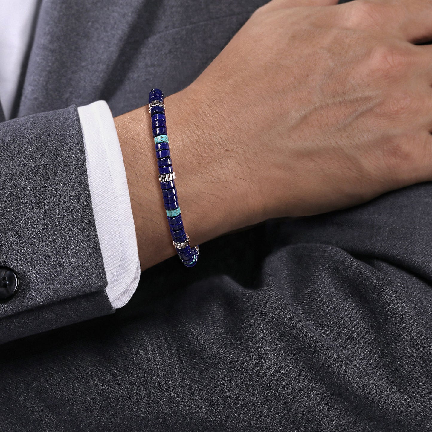 Sterling Silver, Lapis & Turquoise Cylinder Beaded Bracelet