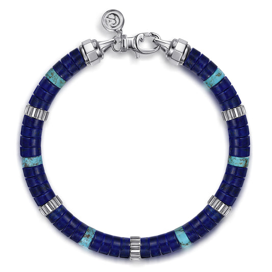 Sterling Silver, Lapis & Turquoise Cylinder Beaded Bracelet