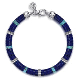 Sterling Silver, Lapis & Turquoise Cylinder Beaded Bracelet