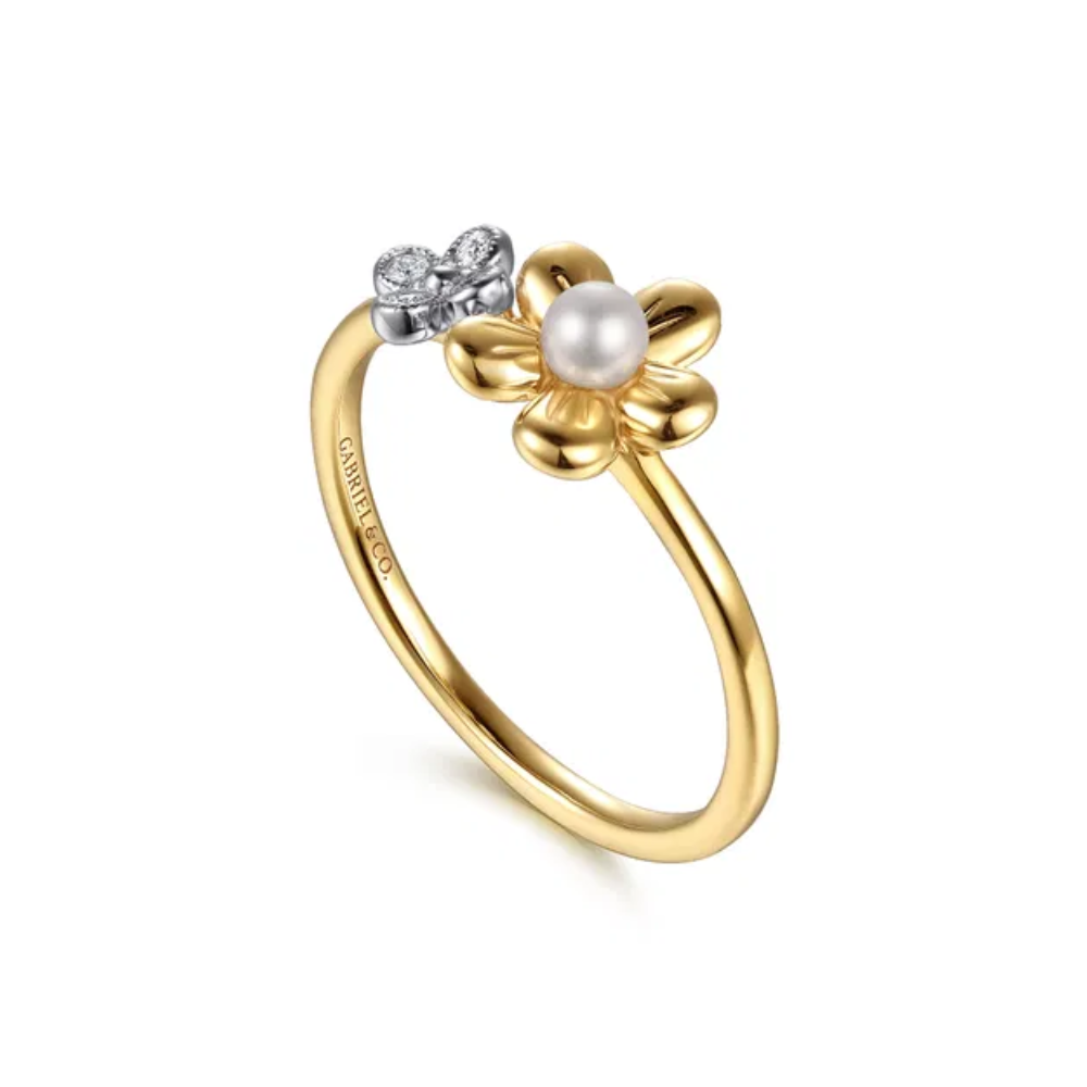 14K Flower Diamond & Pearl Stackable Ring