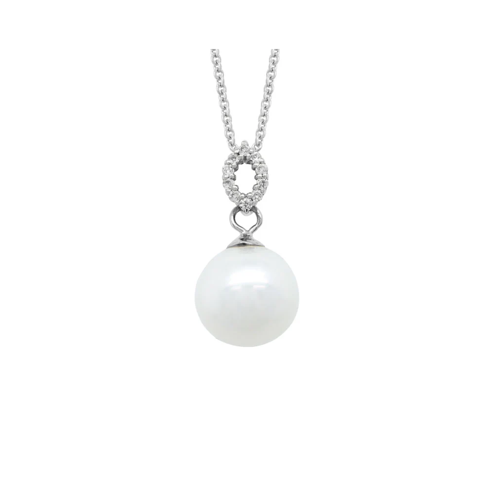 14K White Gold Pearl with Diamond Drop Pendant