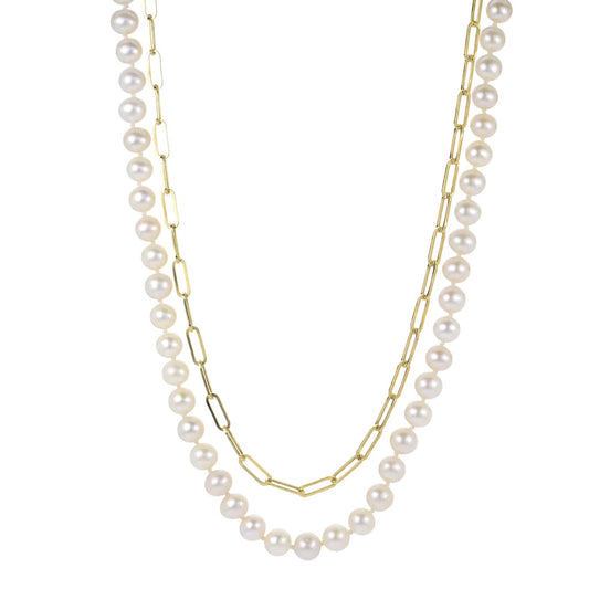 Freshwater Pearls & Paperclip Chain Layered Necklace