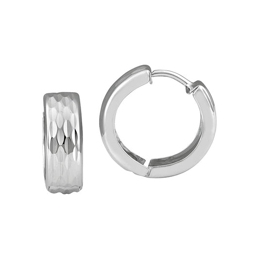 14K White Gold Diamond Cut Huggie Hoop Style Earrings