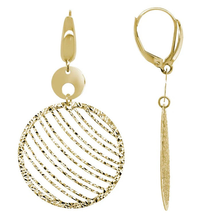 14K Y/G Cut Out Patterned Circle Dangle Earrings With Leverbacks