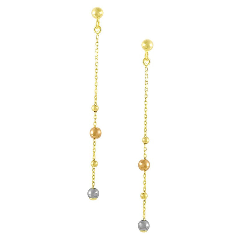 14K Tri Color Bead Station On Cable Chain Post Earrings