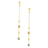 14K Tri Color Bead Station On Cable Chain Post Earrings