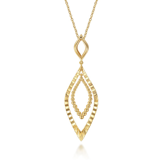 14K Yellow Gold Bujukan & Diamond Cut Texture Marquise Drop Necklace
