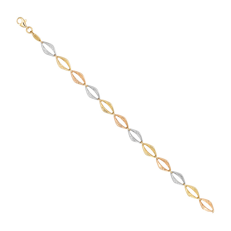 14K Tri Color Diamond Cut Open Diamond Shaped Link Bracelet