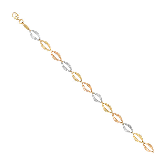 14K Tri Color Diamond Cut Open Diamond Shaped Link Bracelet